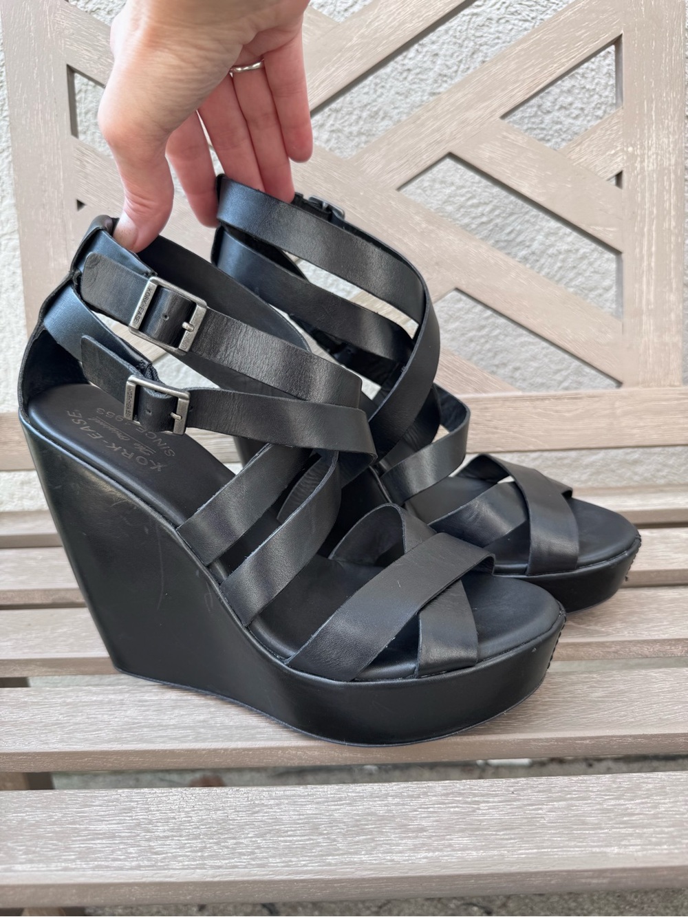 Kork-Ease Hailey Strappy Black Wedge Sandals